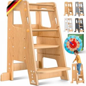 KIDIZ&reg; Tour d'apprentissage pour enfants &agrave; partir de 1 an avec horloge d'apprentissage | Marchepied r&eacute;glable en hauteur sur 3 niveaux en bois de pin | Favorise la motricit&eacute; ludique et la tour (WMK Trading GmbH, neuf)