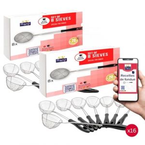 Ranji - Lot de 16 Mini Passoires - &Eacute;puisettes pour Fondue Chinoise - &Eacute;cumoire Friture, Cuill&egrave;re Bubble Tea, Petite Passoire Cuisine - Parfait pour Fondue Chinoise, Chocolat, Savoyarde et Repas Festifs (BR'Trade, neuf)
