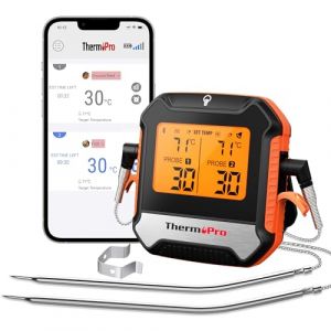 ThermoPro Thermomètre à viande numérique sans fil avec 2 sondes pour barbecue, fumoir, thermomètre de cuisine rechargeable avec fonction alarme, prend en charge le Bluetooth 5.0 jusqu'à 135 m (ThermoPro FR, neuf)