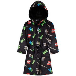 Minecraft Robe de Chambre Polaire Gar&ccedil;on et Ado Creeper Peignoir Enfant &agrave; Capuche avec Poches et Ceinture Cadeau Gamer (7-8 Ans, Noir) (Get Trend., neuf)