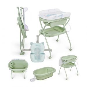 MS BabyWorld Bubble + R&eacute;ducteur &ndash; Baignoire ergonomique pour b&eacute;b&eacute; avec pieds et matelas &agrave; langer imperm&eacute;able et rembourr&eacute; | Fermeture compacte, organiseur, 4 roulettes avec freins (Vert/Bleu) (SLEEP & PLAY, neuf)