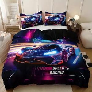 TKCQX Parure de Lit 140x200 Enfant Voiture de Sport Housse de Couette Enfant Speed Racing Housse de Couette 1 Personne 3D Cars Housse de Couette en Microfibre avec Taie d'oreiller 65x65 cm (TKCQX--欧盟R标, neuf)