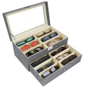 Kurtzy Boite a Lunette de Soleil Verrouillable - Rangement Lunette 2 Niveaux et 12 Compartiments avec Loquet - Presentoir Lunette de Soleil, Lunette de Vue - Gris Boite Rangement Lunette Unisexe (Tinyyo Europe, neuf)