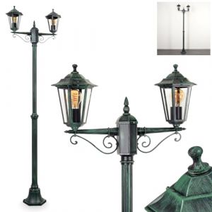 Lampadaire d'ext&eacute;rieur Loria, lampadaire en m&eacute;tal/verre en noir/vert/transparent, cand&eacute;labre &agrave; 2 ampoules au look antique, hauteur max. 200 cm, &eacute;clairage de jardin IP44, 2 x E27, sans ampoule (hofstein, neuf)
