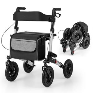 COSTWAY D&eacute;ambulateur Pliable Tout-Terrain &agrave; 4 Roues avec Si&egrave;ge, Rollator avec Pneus de 23 cm Hauteur R&eacute;glable Dossier Ergonomique et Cadre en Aluminium L&eacute;ger (62 x 82 x 81,5-97 cm,Argent&eacute;) (FDS GmbH, neuf)