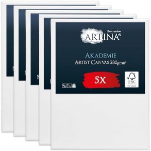 Artina Akademie Set de 5 Canvas Toile à Peindre 18x24cm – Châssis Entoilés en Bois certifiés FSC – Toile Peinture Blanche de 100% Coton - 280g/m² - Toile Stable et sans Acides (Brandvin, neuf)