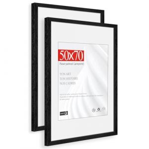 HIMEETIME&reg; 2x Cadre Photo Bois Сh&ecirc;ne Noir 50x70cm,Cadre avec Verre Acrylique Transparent 50 x 70 cm,Grand Tableau 50x70 - Avec passe-partout -40x50 cm - &Agrave; suspendre/&agrave; poser pour photos/affiches (XianghuaART, neuf)
