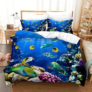 3D mer Animaux literie Set,Dauphin,Poisson Tropical,Corail,Vie Marine Housse de Couette,Bleu Monde sous-Marin Housse de Couette pour Enfants(C, 200 x 200 cm) (jiejiahui237, neuf)