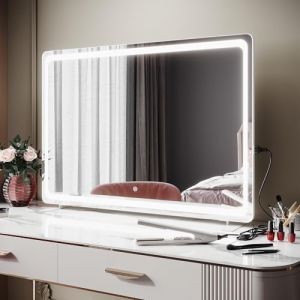 SIRHONA Miroir Maquillage Lumineux LED 100x70cm - Miroir Hollywood 3 Couleurs, Mémoire de Luminosité, Prise Intégrée - Miroir Coiffeuse Dimmable Installation Murale/sur Table (ELLIPSE sanitaire, neuf)