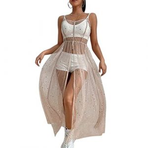 Loalirando Robe &agrave; Bretelles Femme Clubbing F&ecirc;te Sexy Transparente en Tulle avec Strass Tunique de Plage Maxi Longue, Rose, L (Biu-clothing, neuf)