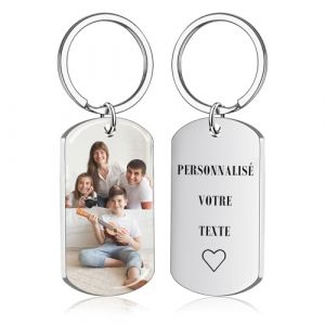 Porte Clef Personnalisable avec Photo - Porte Clé Personnalisé de Gravure Texte et Image Cadeau en Acier Inoxydable pour Homme, Femme, Couple, Amis et Famille (Couleur-Argent) (BEXOA, neuf)