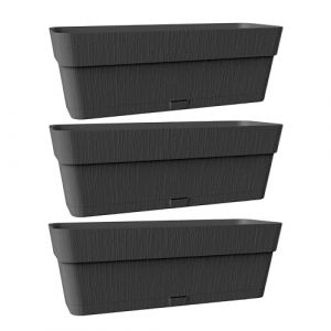 Kigima Lot de 3 jardinières 50 x 18 x 17 cm - Anthracite - Jardinière robuste pour balcon et rebord de fenêtre - En plastique - Élégante avec réservoir d'eau - Petite jardinière de balcon pour fleurs (Miramarket GmbH, neuf)