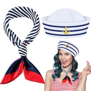 YAZWUR 2 pi&egrave;ces Bonnet et &Eacute;charpe &agrave; Rayures, Kit de D&eacute;guisement Marin avec Casquette de Capitaine et Carr&eacute;e, Hommes Femmes, Accessoire pour Cosplay et Enterrement de Vie de Jeune Fille (Bleu Marine) (Romanimania OU, neuf)