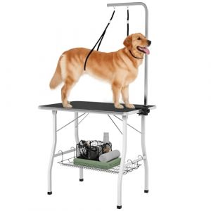PawHut Table de toilettage pour Chien Pliante 90x60x76cm, Stable - Plateau antid&eacute;rapant en Caoutchouc avec 2 Sangles - Potence r&eacute;glable INOX et Panier - Station d'entretien pour Chiens Moyens, Noir (Aosom FR, neuf)