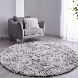 VOFUSHON Tapis Rond Salon Shaggy Descente de lit Chambre Grande Taille Tapis avec Le Fond Antidérapant, Tapis Décoratif de Style Moderne pour Salon Chambre Canapé Natte(Ø 100 cm Rond,Gris Clair) (VOFUSHON-Home, neuf)