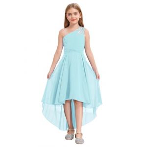 Miaeowve Robe de Soirée Enfant Fille Carnaval Robe Princesse Une Epaule à Strass Plissé Robe Demoiselle d'honneur Mariage Cérémonie Robe de Fête Bal 6-16 Ans Bleu Clair 13-14 Ans (Miaeowve, neuf)