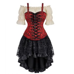 Josamogre Corset Jupe Robe Chemises 3 Set Pirate Femme Bustier Steampunk Bretelles Top Sexy Medieval Vetement Viking Vin Rouge 4XL (Josamogre Corset, neuf)