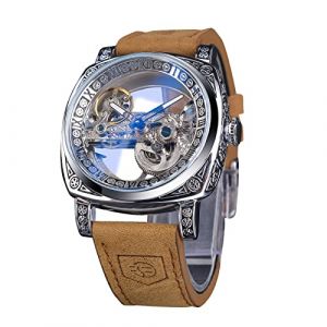 FORSINING Montre pour homme, tendance, classique, squelette carrée, cadran transparent, automatique, mécanique, bracelet en cuir, lumineux, étanche, Argenté., Sangle (Global Fashion Show, neuf)