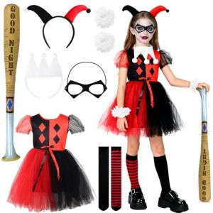 Déguisement Quinn Fille Enfant, Cosplay Joker Queen Costume, Jupe en Robe Bandeau Bas et Masque pour Yeux Marteau Gonflable Costumes Cosplay pour Halloween Carnaval Clown Cosplay Fete(Rouge et Noir,M) (Aumei Vision SIA, neuf)