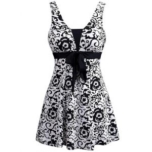 Wantdo Femme Maillot de Bain 1 Piece Jupette Amincissant Slim Col V Cache Ventre Robe Tankini Floral Push Up Grande Taille Porcelaine Bleue et Blanche 56-58 (C'est la vie, neuf)