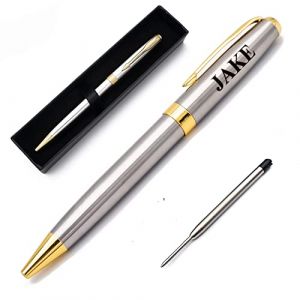 Générique Stylo Personnalisé Avec Gravure - Beau Stylo Bille Personnalisable en Métal - Cadeau Stylo Personnalisé pour Homme ou Femme - Coffret Cadeau et Recharge Supplémentaire Inclus (Argent et or) (jake33400, neuf)