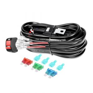 YOJZMA Kit de faisceau fils pour barre LED sur guidon moto, 7/8 pouce 12V 10A 18AWG, avec interrupteur &agrave; bouton poussoir, relais d'alimentation, fusible &agrave; lame, fil automobile v&eacute;los（pour 2 lumi&egrave;res） (FSYIHUI, neuf)