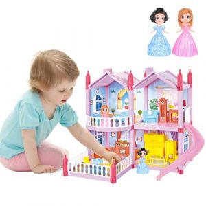 deAO Maison de Poupée avec 2 Princesses, Meubles et Accessoires, Maison de Poupée de Rêve Rose pour Petites Filles - 4 Pièces et 1 Jardin, Meubles et Accessoires, Cadeau pour Filles de 2 à 8 Ans (FOSDA, neuf)