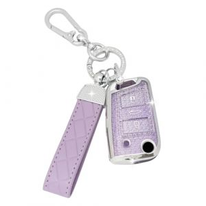 SparkleJoy Coque Clé Voiture TPU avec Un Porte-Clés en Cuir,Etui Clé Étui Clé Compatible avec VW Volkswagen Passat B8 Golf 7 Tiguan T-Cross Polo CC Seat Leon Ibiza Skoda Kodiaq - Flip Key (Violet) (AutoVeloce Europe, neuf)