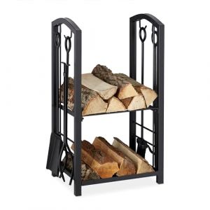 Relaxdays 10028783 Etagère à bois serviteur, 2 Etages Porte buche, outils cheminée, pelle,balai,pince,tisonnier, noir, acier, plastique, 73 x 46 x 30 cm (Relaxdays, neuf)