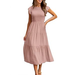 Yuson Girl Robe Longue Femme Ete Robe de Plage Boheme Casual Robe Maxi de Cocktail &eacute;l&eacute;gante Robe &agrave; Col Rond et &agrave; Manches Volant&eacute;es &eacute;lastique Taille Haute (Rose, M) (YusonGirl, neuf)