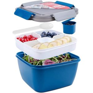 Greentainer To Go Récipient à salade sans BPA, 3 compartiments pour garnitures de salade et collations, bol à salade avec récipient à vinaigrette, passe au micro-ondes,Bleu (Tengfei Limited, neuf)