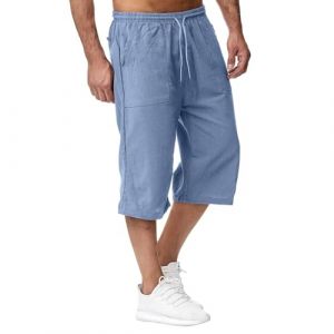 Bastwahl Pantalon de Pluie Homme, 2025 Short Lin et Bermuda Homme 3/4 Long D'&Eacute;t&eacute; Pantacourt Coton, pour La Plage, Le Yoga, Le Jogging, Pantalon Taille Elastique D&eacute;contract&eacute; Bleu M (Ama2om, neuf)