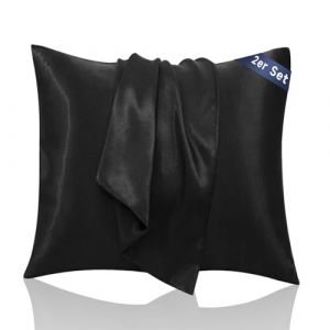 Taie Oreiller 60x60 - Taie d Oreiller en Satin Très Douce Lot de 2, Prend Soin de Votre Peau et de Vos Cheveux, Housse Coussin 60x60 Satin (Noir, 60x60cm) (AliLeader, neuf)