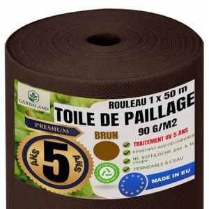 GARDELAND Toile de Paillage Marron G&eacute;otextile Non Tisse -Premium 5 Ans Protection UV- Rouleau de 50 M&egrave;tre x 1 M&egrave;tre -Toile Anti Mauvaises Herbes 90gr/m2 - NE S'EFFILOCHE Pas &agrave; la Coupe Fabriqu&eacute; en UE (NATUARTE, neuf)