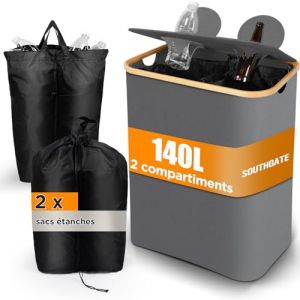 SOUTHGATE 140L Collecteur de Bouteilles Avec Couvercle, 2 Compartiments Poubelle Recyclage, 2 Réutilisables Sac Recyclage, Poubelle Tri Selectif Pour Plastique, Bouteilles Verre, Gris (Bizwell, neuf)
