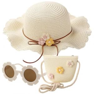 Chapeau De Soleil Et Sac en Tricot De Paille 3 Pi&egrave;ces,Lunette De Soleil,Chapeau Paille Enfant 3-8 Ans avec D&eacute;coration Florale pour Accessoires Voyage Ext&eacute;rieur(Blanc Cr&egrave;me) (DIAMOND RETAIL S.R.L., neuf)
