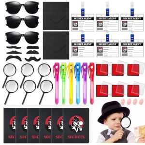 45 Pcs Kit Détective Enfant,avec Stylo UV, Carnet de Notes, Lunettes d'Agent Secret, Moustaches, Cartes D'Identité de Détective avec Clip etc, Kit Espion Enfant pour Enfants Adultes Anniversaire (MENGXY, neuf)