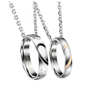 Jovivi 2PCS Collier Couple Pendentif Bague Gravure Personnalisé Acier Inoxydable Anneau Bague Amour Cadeau Valentine Homme Femme avec Chaîne (kaenmis, neuf)