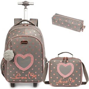 Egchescebo Sac &agrave; Dos a Roulette Pour Enfant Fille D'&eacute;cole Love Scolaires Cartables et Trousses Grande Capacit&eacute; avec Cartable Ecole Primaire Chariot pour Cartable de Voyage Valise 17" 3PCS Caf&eacute; (Egchescebo EUR, neuf)