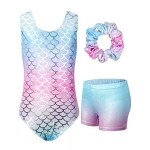 JiAmy Justaucorps Gymnastique fille, Combinaison de Gymnastique &agrave; Uniformes de gymnastique sans manches avec dos d&eacute;coup&eacute; Dos &eacute;chancr&eacute; avec Short et Serre-t&ecirc;te pour Enfants de 3-12 Ans (JiAmy-EU, neuf)