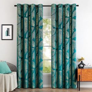 MIULEE Rideaux Velours avec Motif Feuilles d'or, Doux Rideau Vert Turquoise &agrave; Oeillet, Rideau Opaque pour Chambre et Salon, 2X L140xH175cm (MIULEE HOME, neuf)