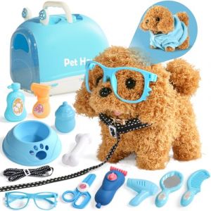Nuheby Chien Interactif Robot - Jouet Fille 2 3 4 5 Ans, Peluche Chien Jouet Enfant Qui Marche et Aboie avec Mallette de Transport, Laisse et Cape Mignonne (14 Pièces) (NuanHe1988, neuf)