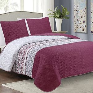 Euromat Couvre-Lit Quilt Matelassé avec 2 taies d'oreiller 40x40 cm- (Bordeaux Gris Blanc - Ciao, 180x220 cm) (euromat, neuf)