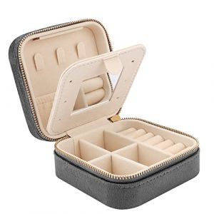 Casiwaft Mini coffret &agrave; bijoux de voyage en velours avec miroir, Bo&icirc;te &agrave; bijoux de voyage pour filles et femmes, Petit organisateur de bijoux pour bagues, boucles d'oreilles, colliers, Gris (WEFLAIR, neuf)