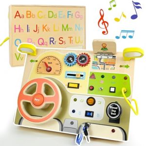 Ulikey Volant Analogique Montessori, Tableau Busy Board en Bois pour Bébés, Planche Occupée avec Volant Simulé et Interrupteurs Lumineux à LED, Enfants Activity Board Jouets avec Lettres (HALOROMAN  ETRADE, neuf)