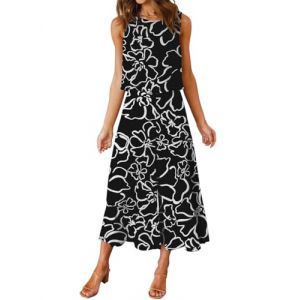 FANCYINN 2 Pièces Femmes Combinaison Sans Manches Col Rond Chemise Barboteuse Jumpsuit D'été Chic Élégant Longue Basique Pantalon Taille Haute Loose Casual Combishort Noir avec Fleurs Blanches L (Fancyinn Direct, neuf)
