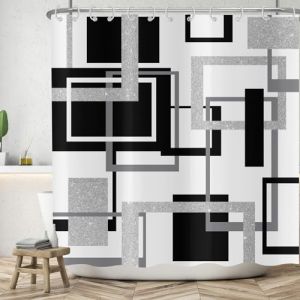ASDCXZ Rideau de Douche Géométrie 180x180 cm, Moderne Noir Gris Argent géométrique irrégulier Lavables Textile Rideau de Bain imperméable pour Baignoire avec 12 Crochets (Qingjuan Trade, neuf)