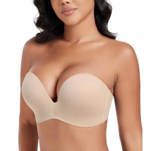 DotVol Soutien-Gorge pour Femmes sans Bretelles Push Up Dos Nu rembourré Deep V Convertible Grande Taille Confort Quotidien décontracté 85C Beige (Fanze Fashion, neuf)