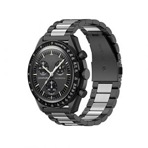 BoLuo 20mm Bracelet de Montre pour Omega Swatch, Acier inoxydable Bracelets de Montre Armband Strap Bande Loop Remplacement avec fermoir Sangle pour Omega Swatch Accessories (Noir argent) (BoLuo, neuf)
