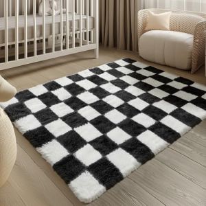 HUGEAR Tapis Salon Shaggy Damier Tapis Chambre Adulte Fille Doux Moelleux Descente de lit AntidéRapant Moderne Grand Tapis Noir Blanc 120×180cm Decoration Chambrel (RONGBEN, neuf)